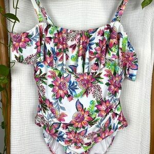 LA BLANCA BOTANICAL JARDIN OFF‎ SHOULDER ONE PIECE WHITE MULTI COLOR​​​​​